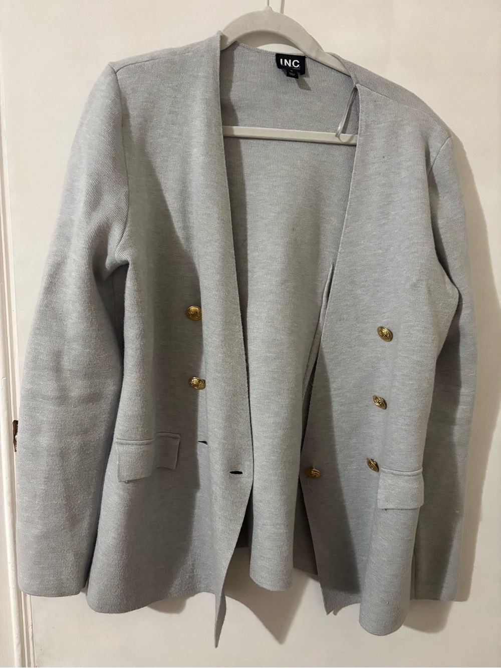 INC International Concepts Light Gray Double-Breasted Blazer with Gold Buttons